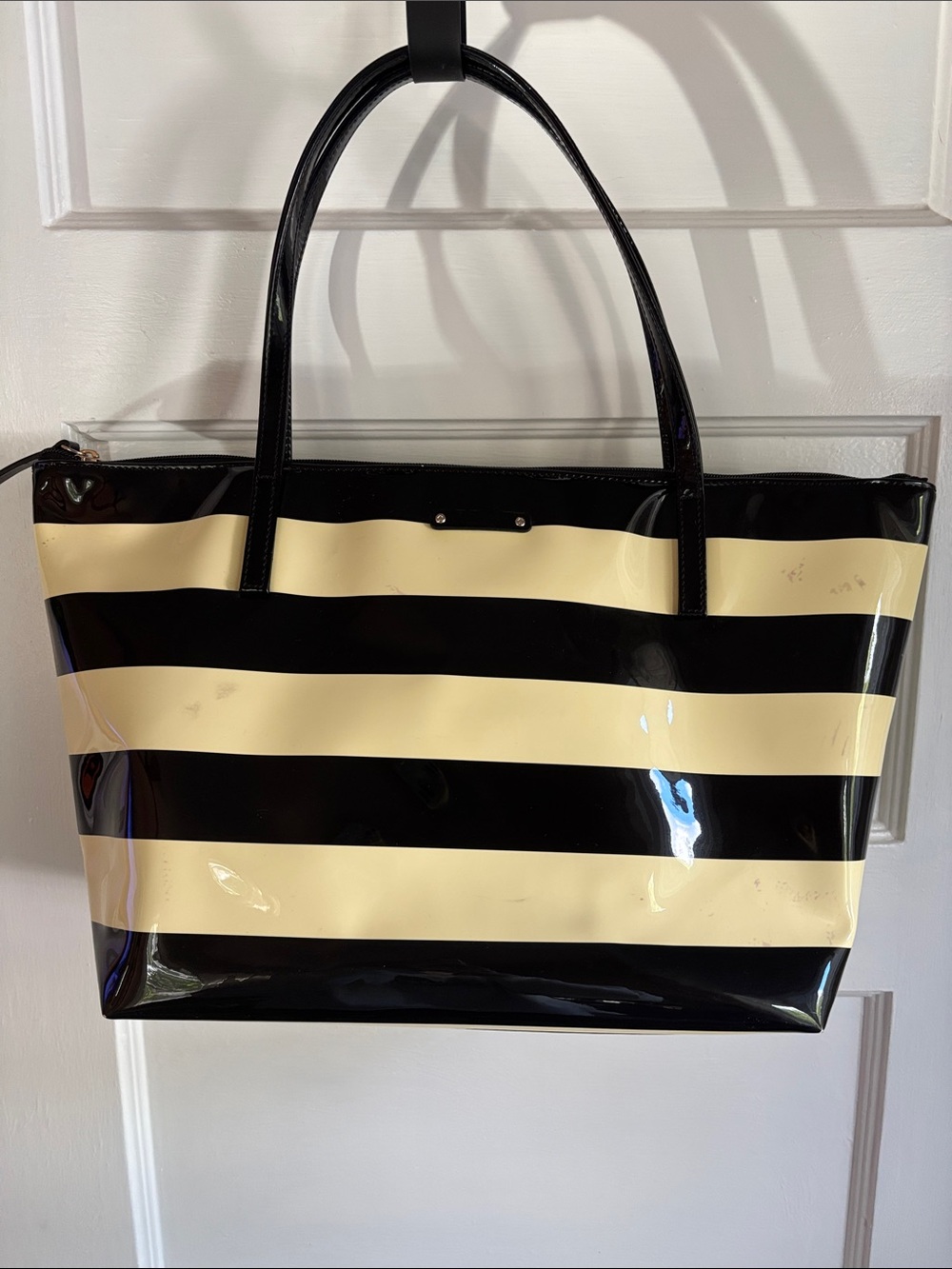 kate spade Black and Cream Striped Patent Tote